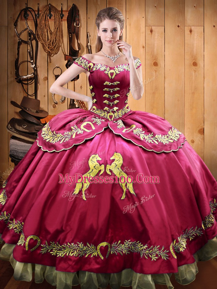Hot Pink Lace Up Off The Shoulder Beading and Embroidery Quince Ball Gowns Satin and Organza Sleeveless