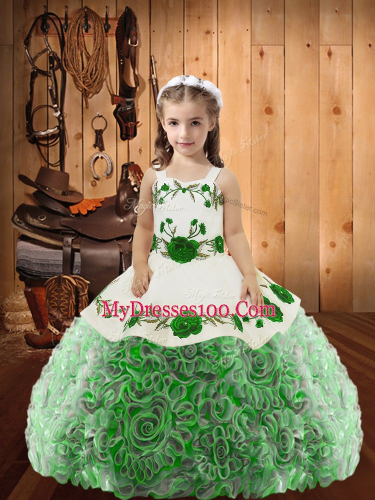 Straps Sleeveless Fabric With Rolling Flowers Pageant Dresses Embroidery and Ruffles Lace Up