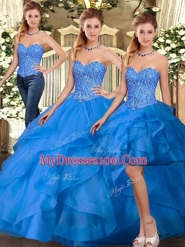 Modest Blue Organza Lace Up Ball Gown Prom Dress Sleeveless Floor Length Beading and Ruffles