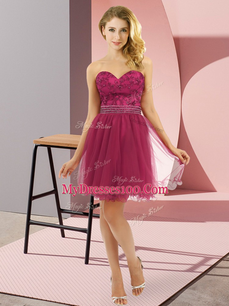Sleeveless Tulle Mini Length Zipper Prom Gown in Fuchsia with Beading