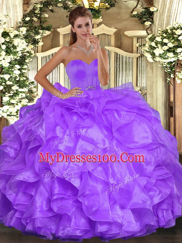 Noble Beading and Ruffles Vestidos de Quinceanera Purple Lace Up Sleeveless Floor Length