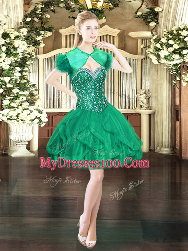 Sleeveless Tulle Mini Length Lace Up Teens Party Dress in Dark Green with Beading and Ruffles