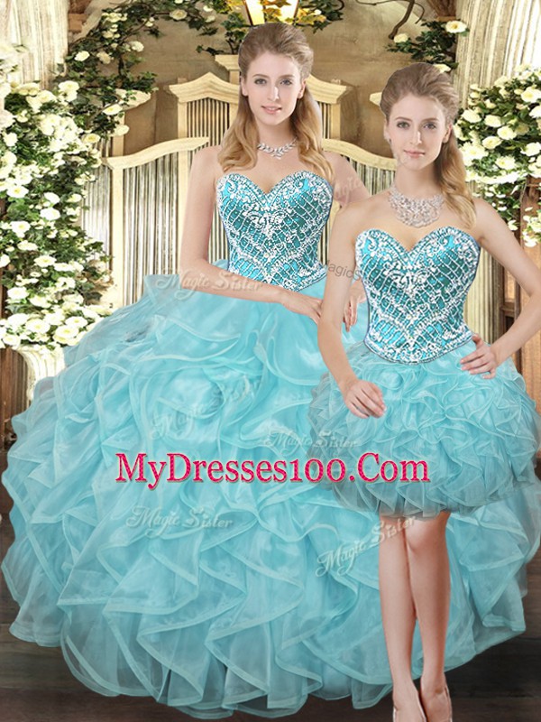 Beautiful Aqua Blue Lace Up Sweetheart Beading and Ruffles 15 Quinceanera Dress Organza Sleeveless