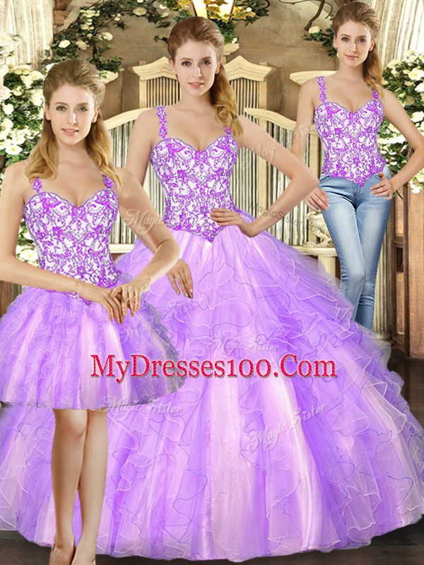 Ideal Organza Straps Sleeveless Lace Up Beading and Ruffles Quinceanera Gowns in Lilac