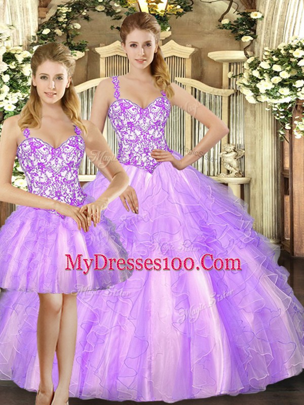 Ideal Organza Straps Sleeveless Lace Up Beading and Ruffles Quinceanera Gowns in Lilac