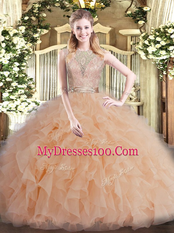 Peach Sleeveless Beading and Ruffles Floor Length Quinceanera Gowns