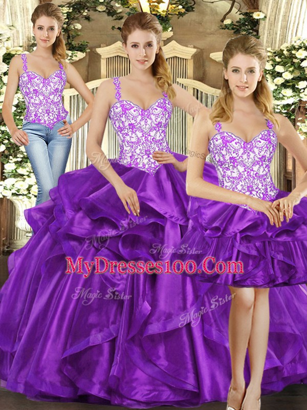 Eggplant Purple Tulle Lace Up Straps Sleeveless Floor Length Quinceanera Gown Beading and Ruffles