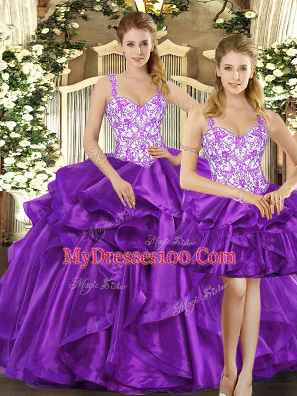 Eggplant Purple Tulle Lace Up Straps Sleeveless Floor Length Quinceanera Gown Beading and Ruffles