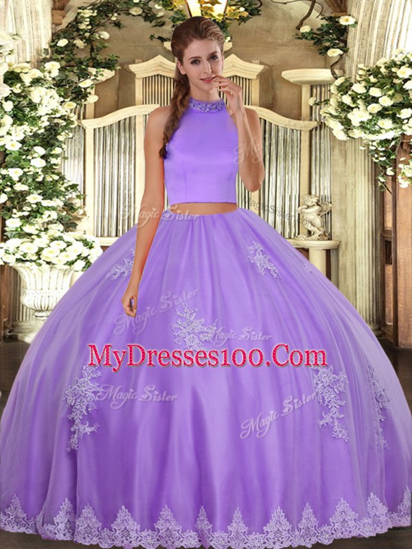 Affordable Floor Length Lavender Quinceanera Gown Tulle Sleeveless Beading and Appliques