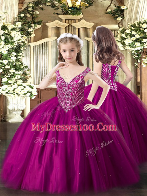 Custom Fit Floor Length Lace Up Little Girls Pageant Dress Wholesale Fuchsia for Party and Quinceanera with Beading
