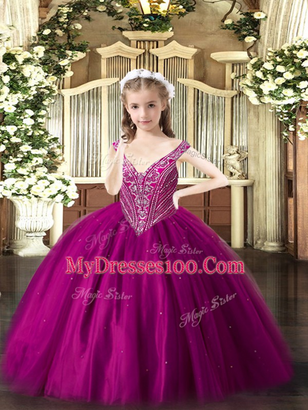 Custom Fit Floor Length Lace Up Little Girls Pageant Dress Wholesale Fuchsia for Party and Quinceanera with Beading