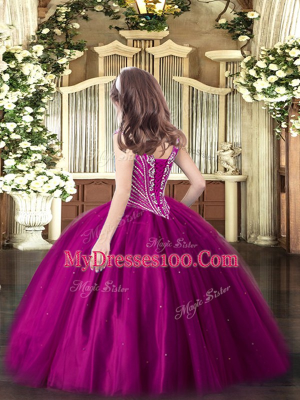 Custom Fit Floor Length Lace Up Little Girls Pageant Dress Wholesale Fuchsia for Party and Quinceanera with Beading