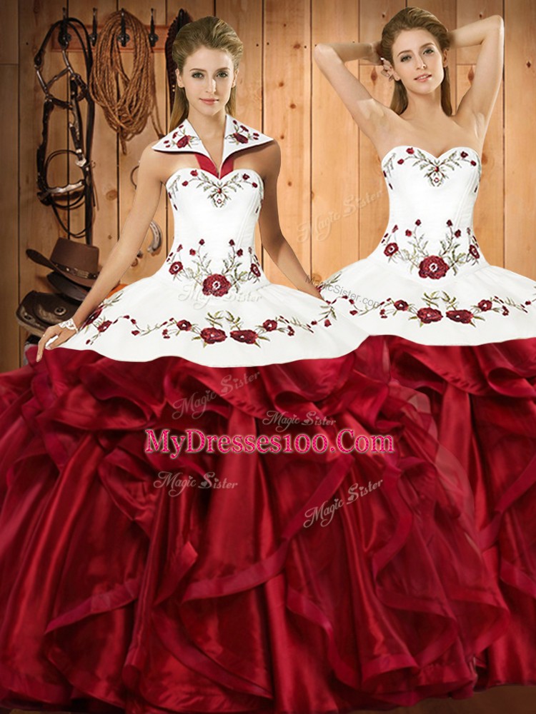 Sophisticated Wine Red Lace Up Vestidos de Quinceanera Embroidery and Ruffles Sleeveless Floor Length