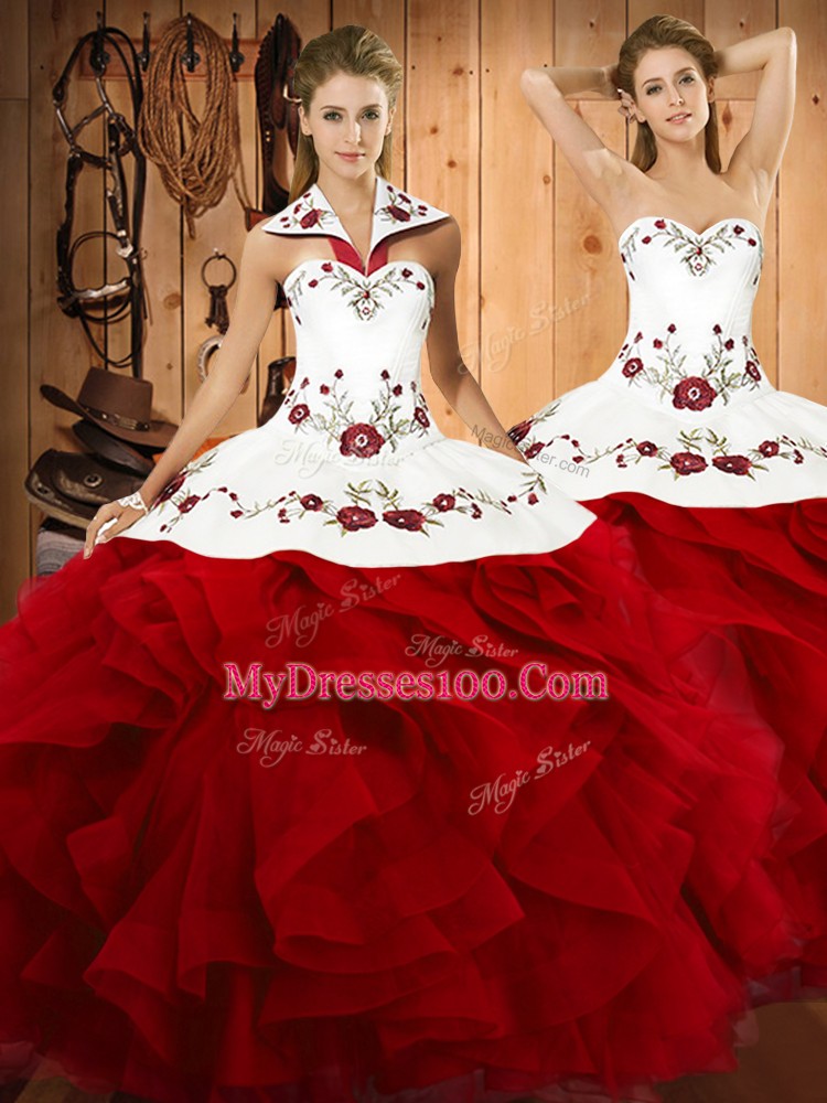 Delicate Sleeveless Floor Length Embroidery and Ruffles Lace Up 15 Quinceanera Dress with Wine Red