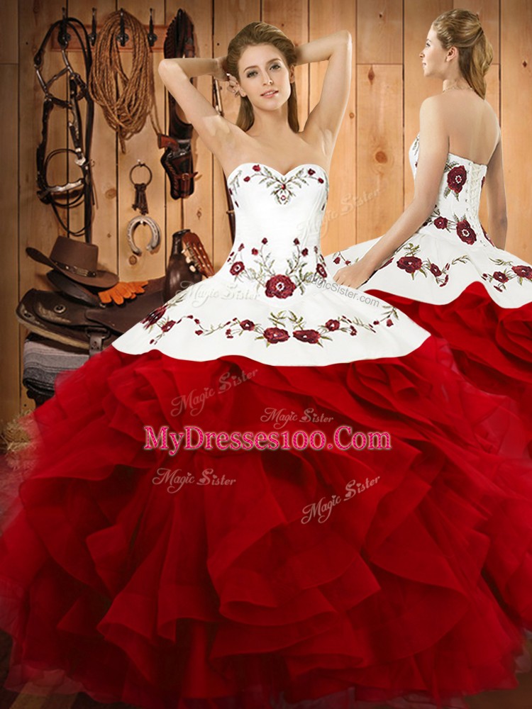 Delicate Sleeveless Floor Length Embroidery and Ruffles Lace Up 15 Quinceanera Dress with Wine Red