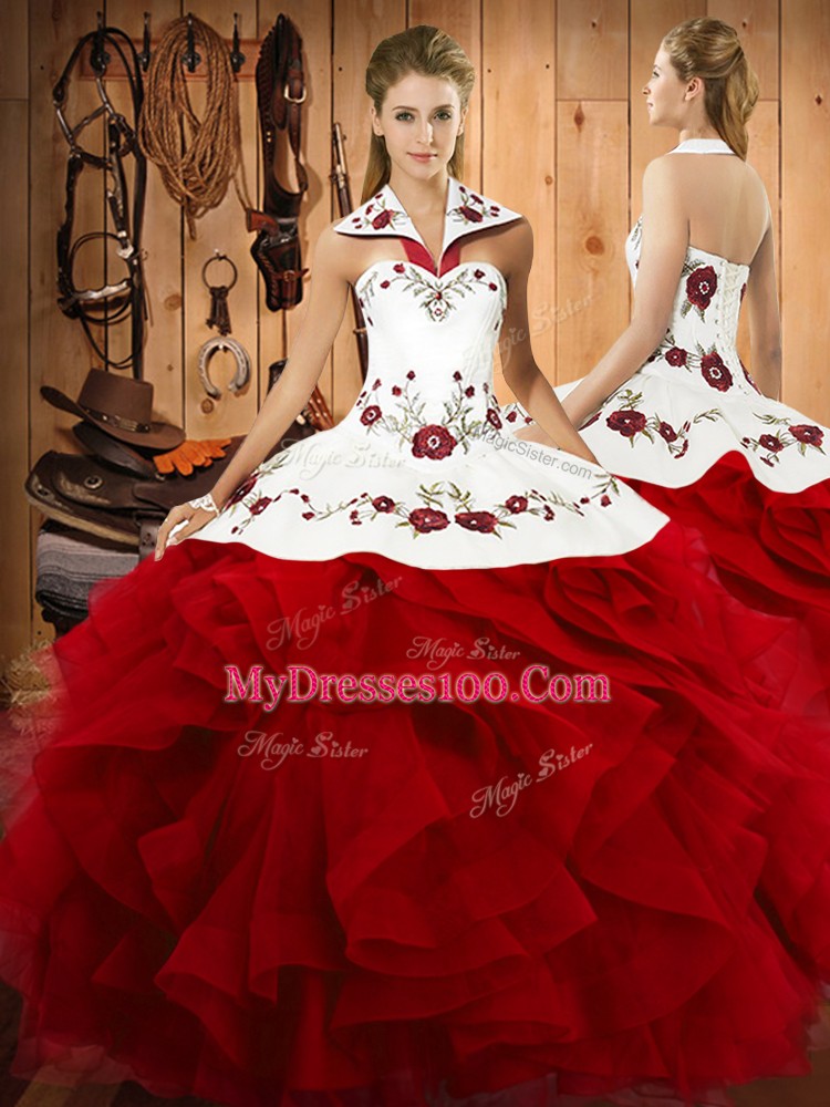 Delicate Sleeveless Floor Length Embroidery and Ruffles Lace Up 15 Quinceanera Dress with Wine Red