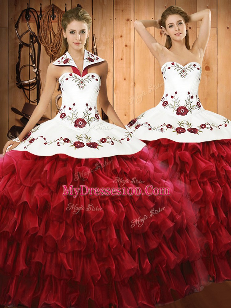 Eye-catching Wine Red Organza Lace Up Halter Top Sleeveless Floor Length Quince Ball Gowns Embroidery and Ruffled Layers