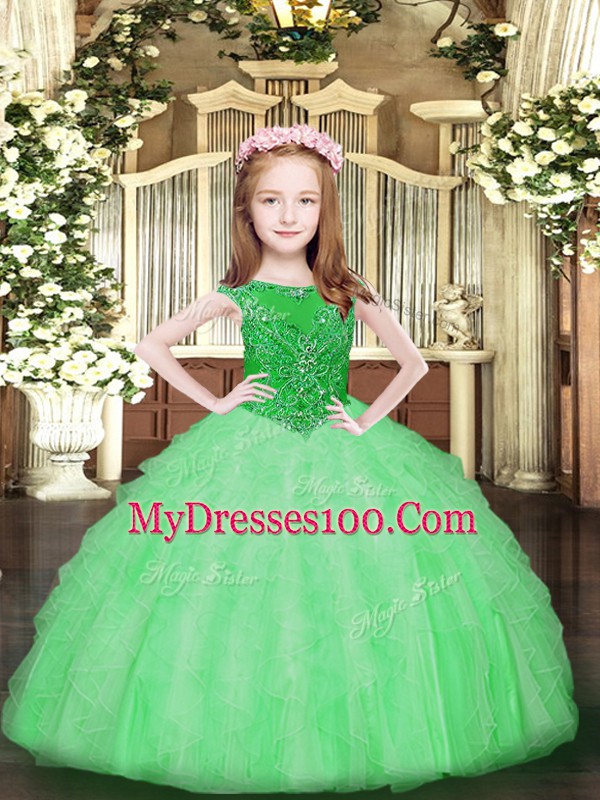 High Quality Apple Green Scoop Zipper Beading and Ruffles Kids Formal Wear Sleeveless