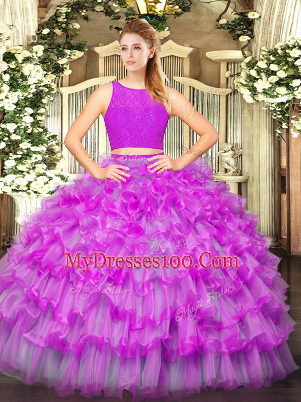 Sleeveless Floor Length Ruffled Layers Zipper Sweet 16 Dresses with Fuchsia
