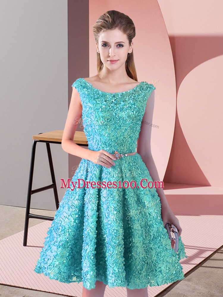 Romantic A-line Custom Made Aqua Blue Scoop Lace Sleeveless Knee Length Lace Up