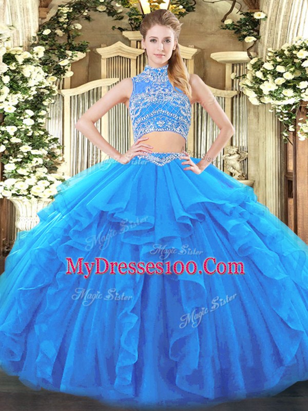 New Style Floor Length Backless Quinceanera Gown Baby Blue for Military Ball and Sweet 16 and Quinceanera with Beading and Ruffles