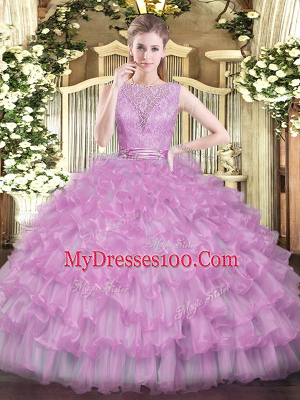 Lilac Sleeveless Beading and Ruffled Layers Floor Length Vestidos de Quinceanera