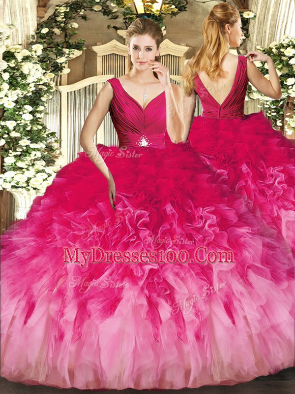 Multi-color Sleeveless Floor Length Beading and Ruffles Backless 15th Birthday Dress