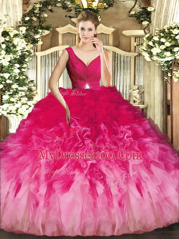 Multi-color Sleeveless Floor Length Beading and Ruffles Backless 15th Birthday Dress
