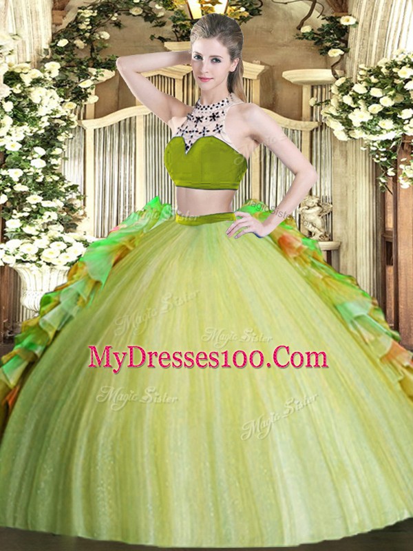 High-neck Sleeveless Backless Sweet 16 Quinceanera Dress Olive Green Tulle