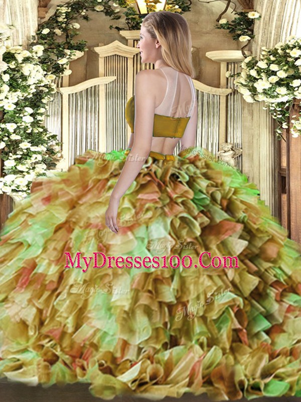 High-neck Sleeveless Backless Sweet 16 Quinceanera Dress Olive Green Tulle