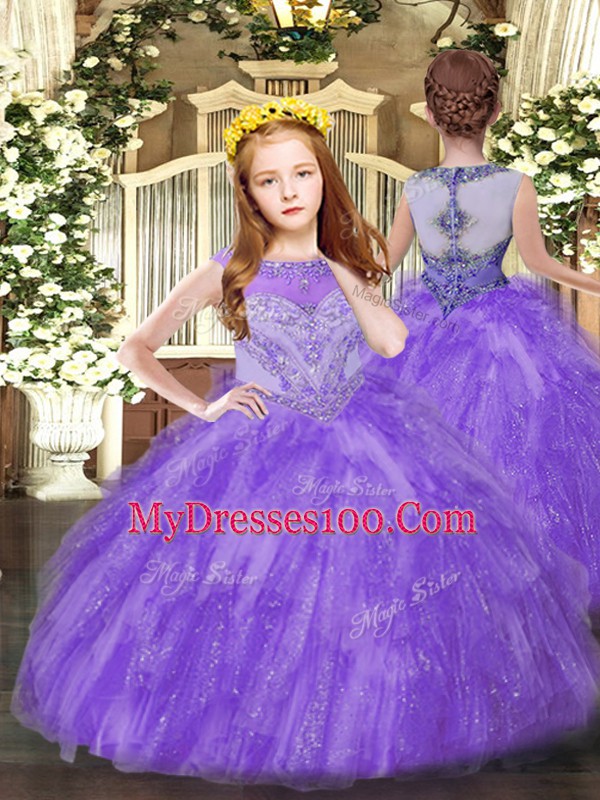 Excellent Lavender Ball Gowns Tulle Scoop Sleeveless Beading and Ruffles Floor Length Zipper Little Girl Pageant Dress