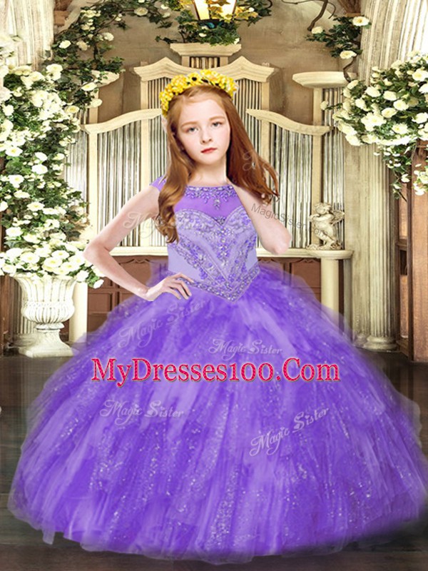 Excellent Lavender Ball Gowns Tulle Scoop Sleeveless Beading and Ruffles Floor Length Zipper Little Girl Pageant Dress