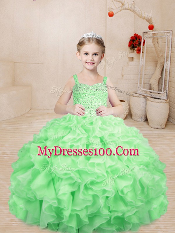 Apple Green Kids Formal Wear Sweet 16 and Quinceanera with Beading and Ruffles Straps Sleeveless Lace Up