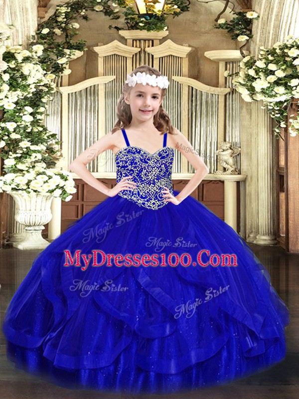 Custom Fit Royal Blue Sleeveless Beading and Ruffles Floor Length Pageant Dress for Womens