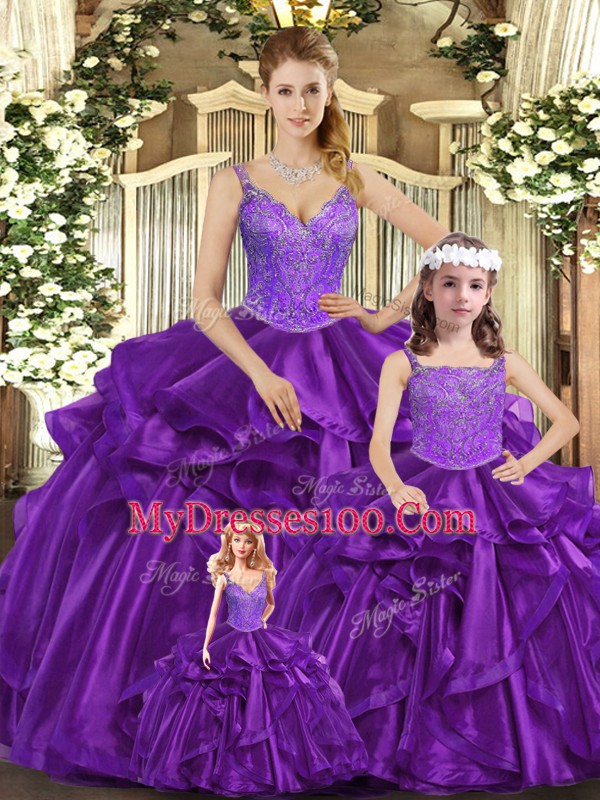 Comfortable Purple Sleeveless Organza Lace Up Sweet 16 Dress for Military Ball and Sweet 16 and Quinceanera