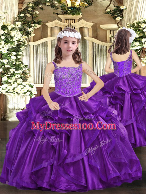 Comfortable Purple Sleeveless Organza Lace Up Sweet 16 Dress for Military Ball and Sweet 16 and Quinceanera