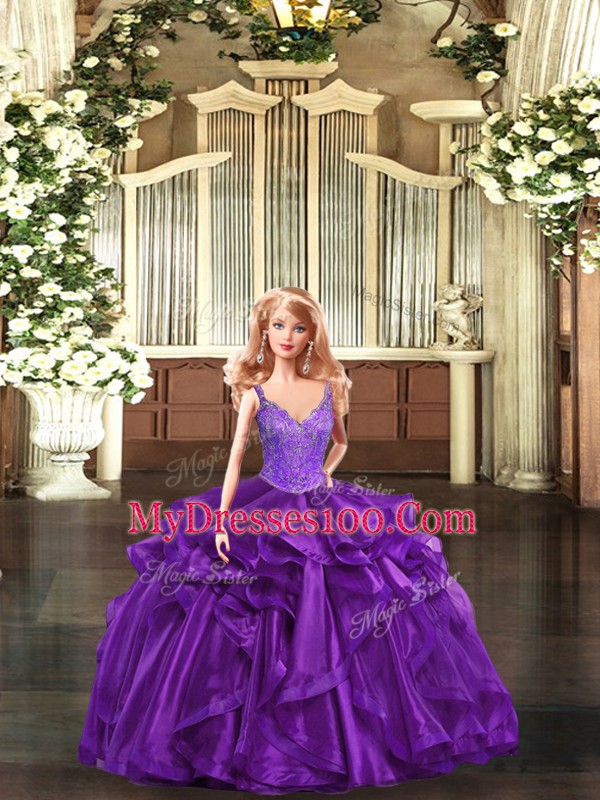 Comfortable Purple Sleeveless Organza Lace Up Sweet 16 Dress for Military Ball and Sweet 16 and Quinceanera