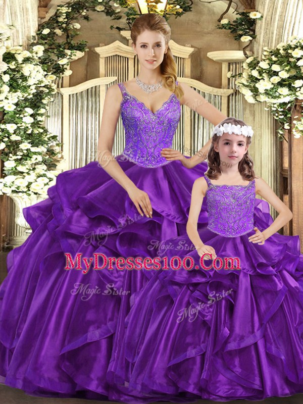 Comfortable Purple Sleeveless Organza Lace Up Sweet 16 Dress for Military Ball and Sweet 16 and Quinceanera