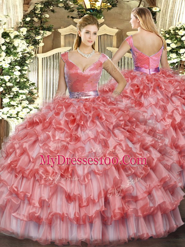 Simple Watermelon Red V-neck Neckline Ruffled Layers Quinceanera Dress Sleeveless Zipper