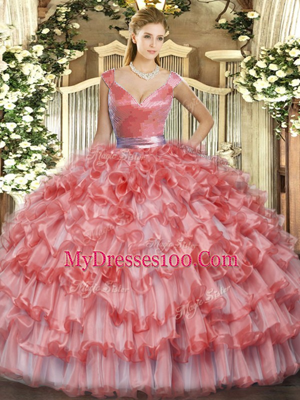 Simple Watermelon Red V-neck Neckline Ruffled Layers Quinceanera Dress Sleeveless Zipper