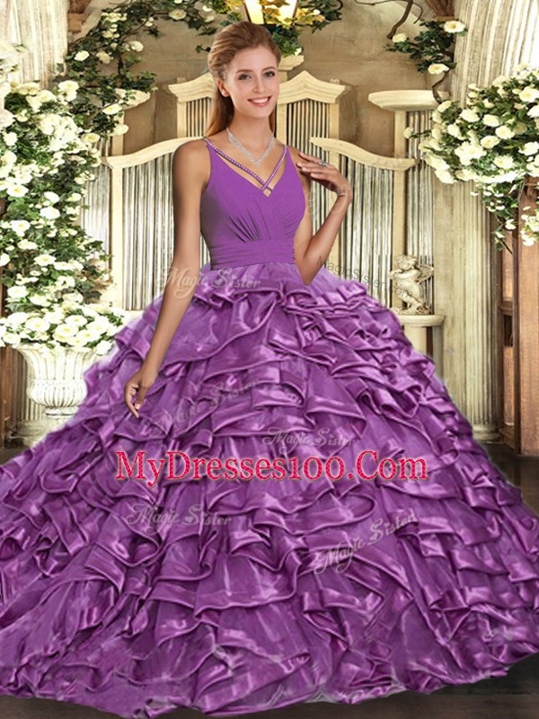 Customized Lilac Ball Gowns Organza V-neck Sleeveless Ruffles With Train Backless Sweet 16 Dress Sweep Train