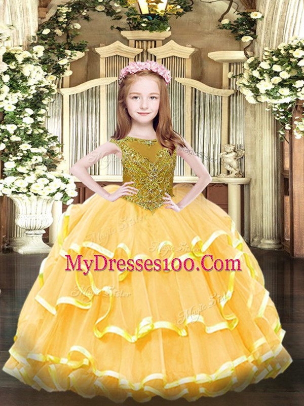 Beauteous Orange Organza Zipper Kids Formal Wear Sleeveless Floor Length Beading and Ruffled Layers