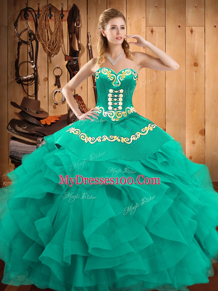 Turquoise Sweetheart Lace Up Embroidery and Ruffles Quinceanera Gown Sleeveless