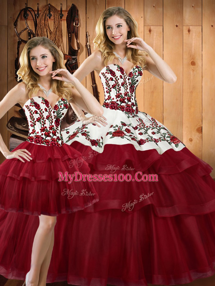 Wine Red Sweetheart Neckline Embroidery Sweet 16 Dresses Sleeveless Lace Up