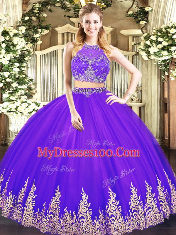 Wonderful Floor Length Zipper Sweet 16 Dresses Purple for Military Ball and Sweet 16 with Beading and Appliques