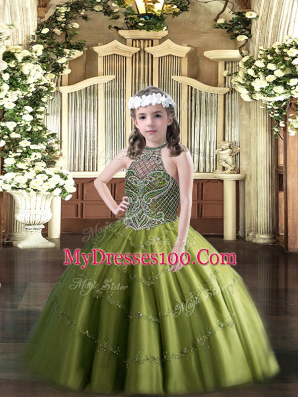 Olive Green Tulle Lace Up Child Pageant Dress Sleeveless Floor Length Beading
