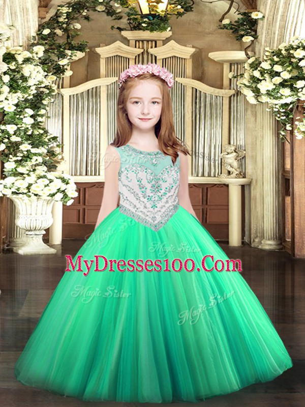 Floor Length Ball Gowns Sleeveless Turquoise Little Girls Pageant Gowns Zipper