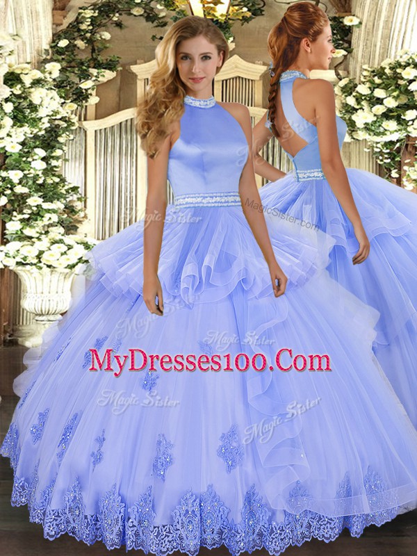 High Class Floor Length Lavender Quinceanera Dresses Halter Top Sleeveless Backless