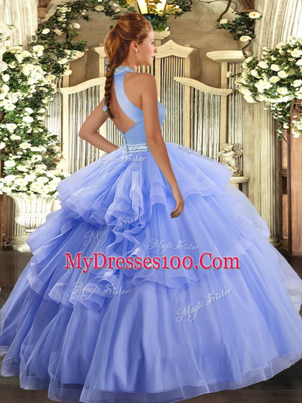 High Class Floor Length Lavender Quinceanera Dresses Halter Top Sleeveless Backless