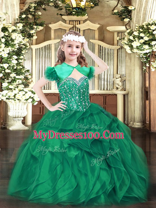Floor Length Dark Green Little Girls Pageant Gowns Organza Sleeveless Beading and Ruffles